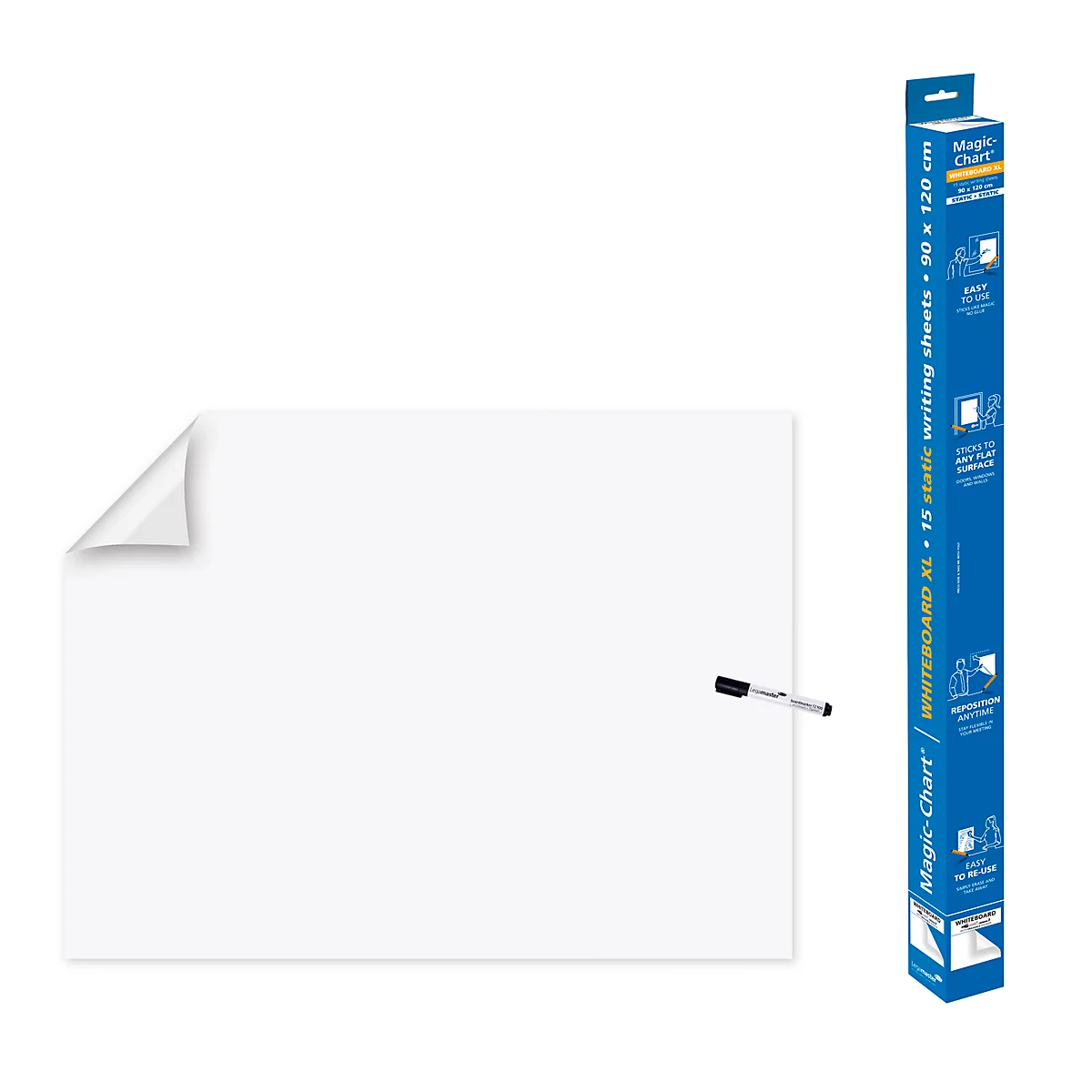 Tableau blanc avec stylo et emballage. Les détails d'angle montrent comment le film se décolle. Magic Chart est écrit sur l'emballage.