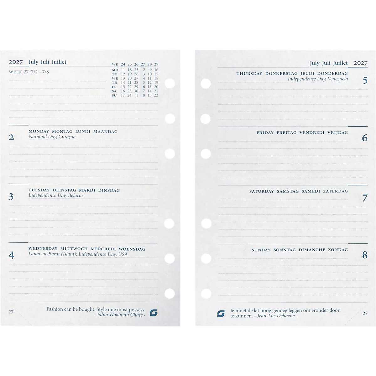 Calendrier avec juillet 2027. Sur une double page sont listés les jours avec les jours fériés. Papier de classeur à anneaux avec trous pré-perforés.