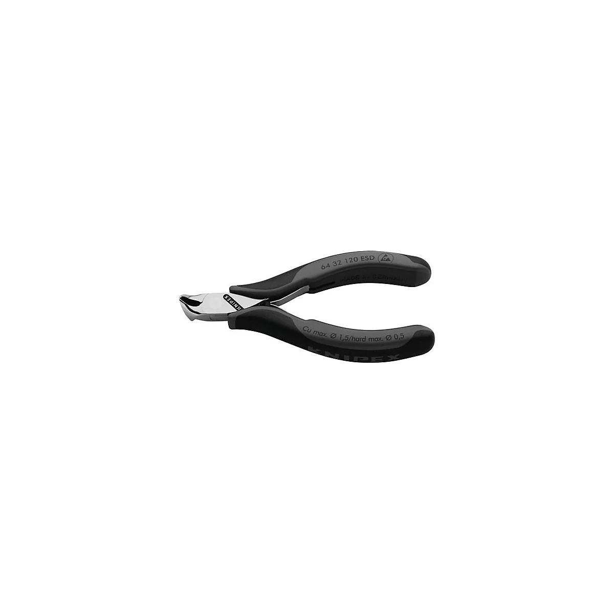 Pince coupante latérale noire et argentée avec des poignées grises. KNIPEX et d'autres spécifications sont écrites sur l'outil.