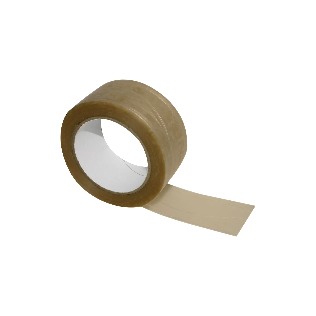 A brown tape roll on a white surface. The tape is partially unrolled and lies slightly in the image.