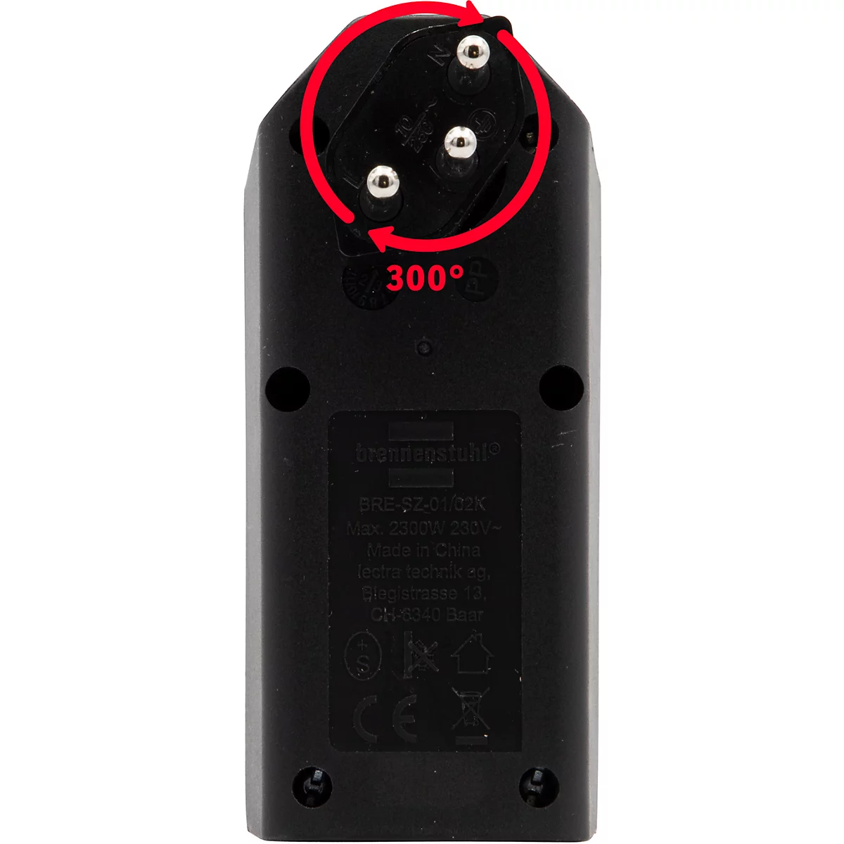 Fiche de dérivation brennenstuhl® cleverLINE, 2x, pivotant sur 300°, avec interrupteur éclairé, sans accroche, IP20, plastique, noir