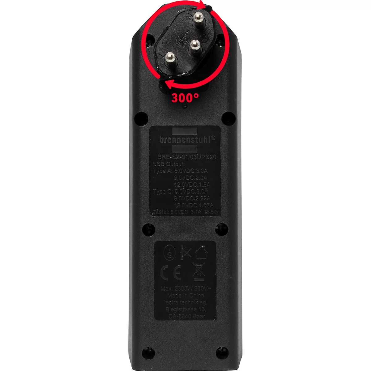 Multiprise noire avec trois prises, un port USB-A et un port USB-C.