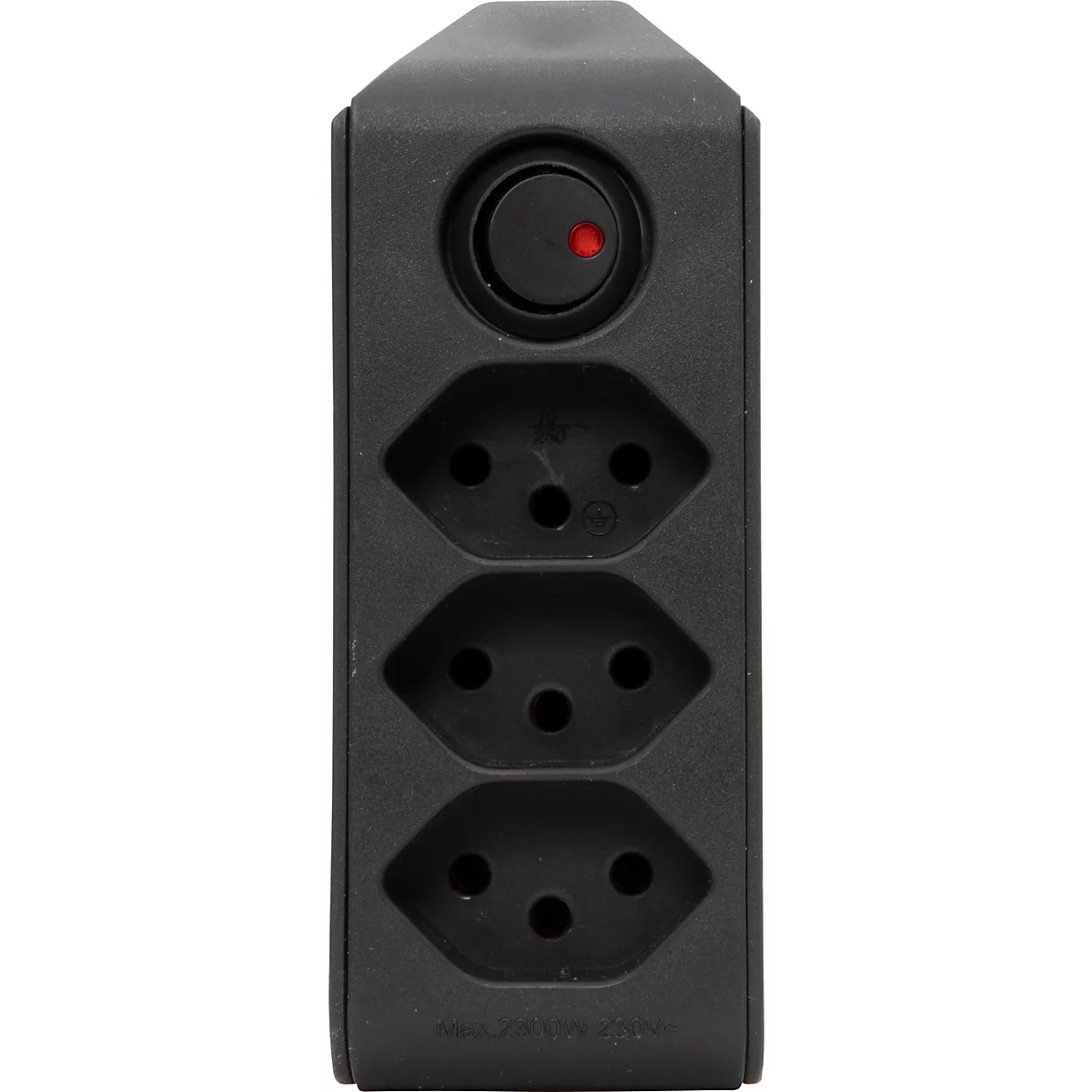 Multiprise noire avec trois prises et un interrupteur rouge sur le côté.
