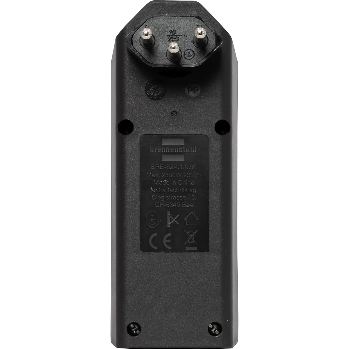 Vue arrière d'un appareil électrique noir avec trois bornes de connexion et une étiquette contenant des informations techniques.