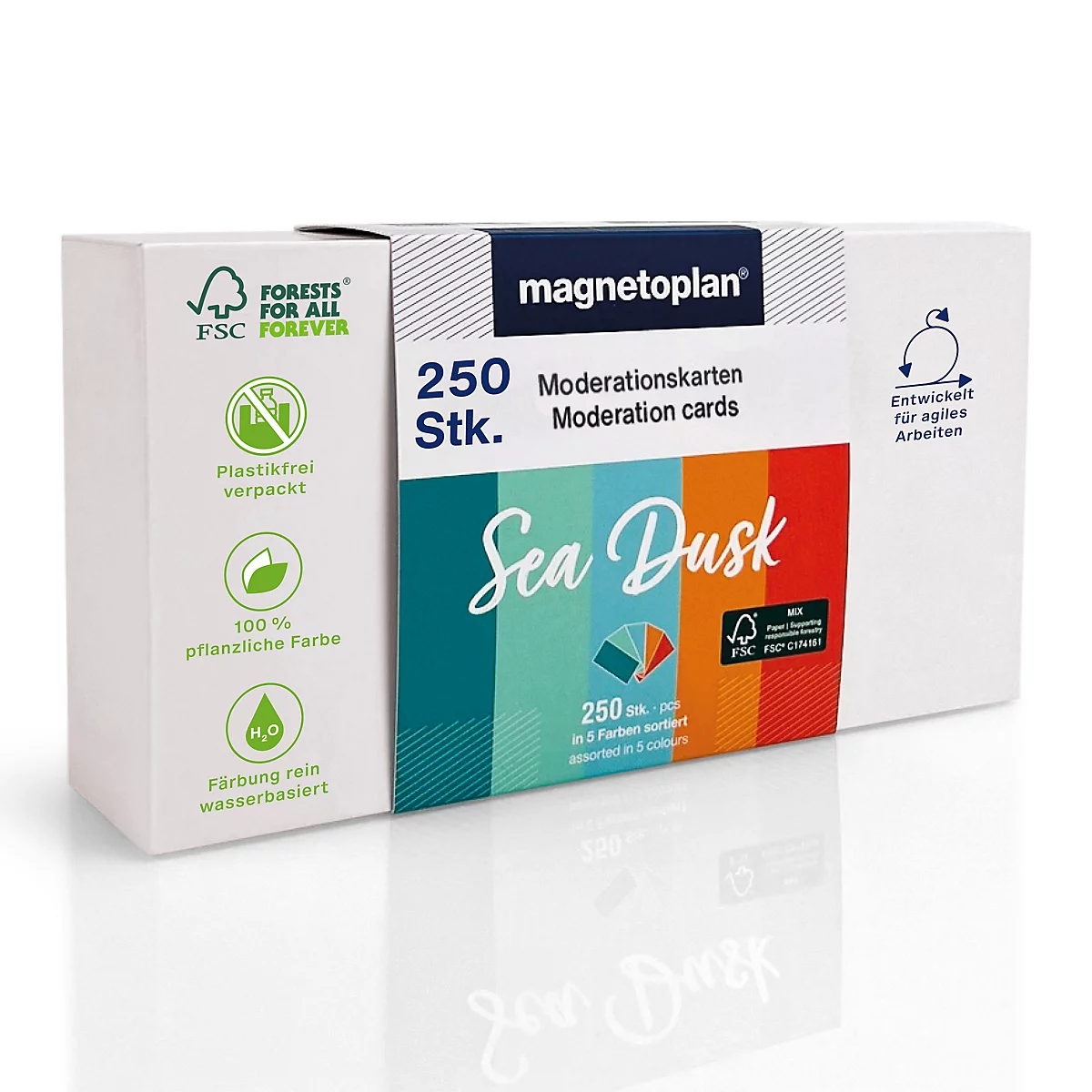 Emballage rectangulaire pour 250 cartes de modération 'Sea Dusk' par Magnetoplan, durable et sans plastique.
