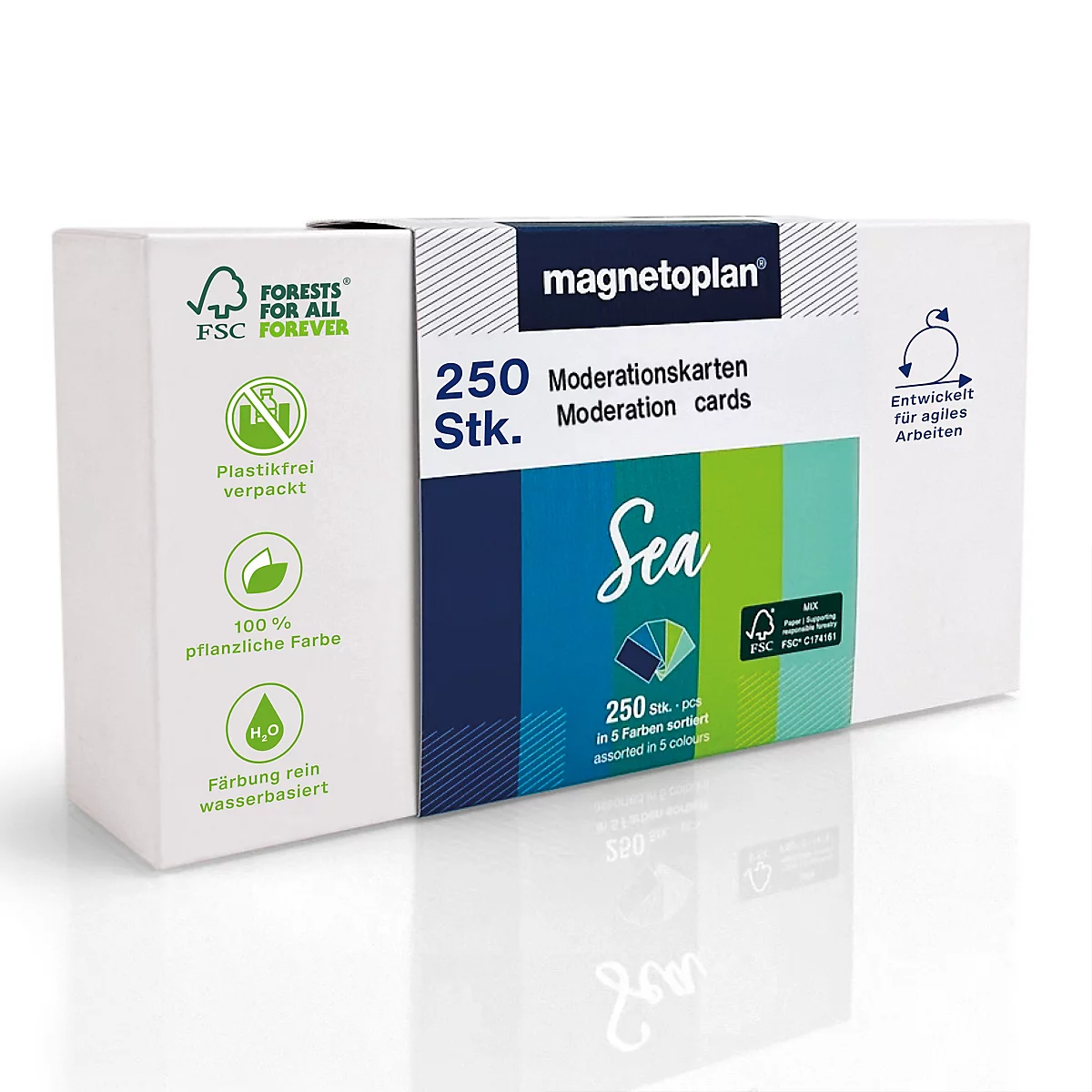 Un paquet de 250 cartes de modération magnetoplan au design Sea, sur un fond blanc.
