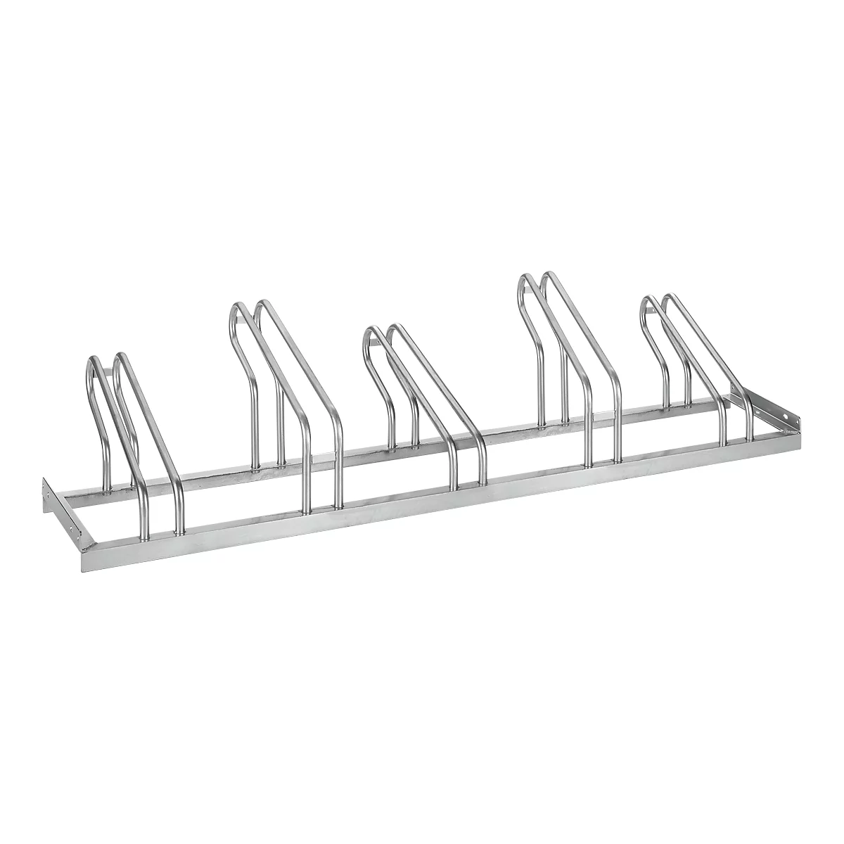 Fietsenrek, 1-zijdig, voor banden tot B 55 mm, B 1750 x D 1850 x H 500 mm, B 1750 x D 1850 x H 500 mm, gegalvaniseerd staal, 5 parkeerplaatsen, gemonteerd.
