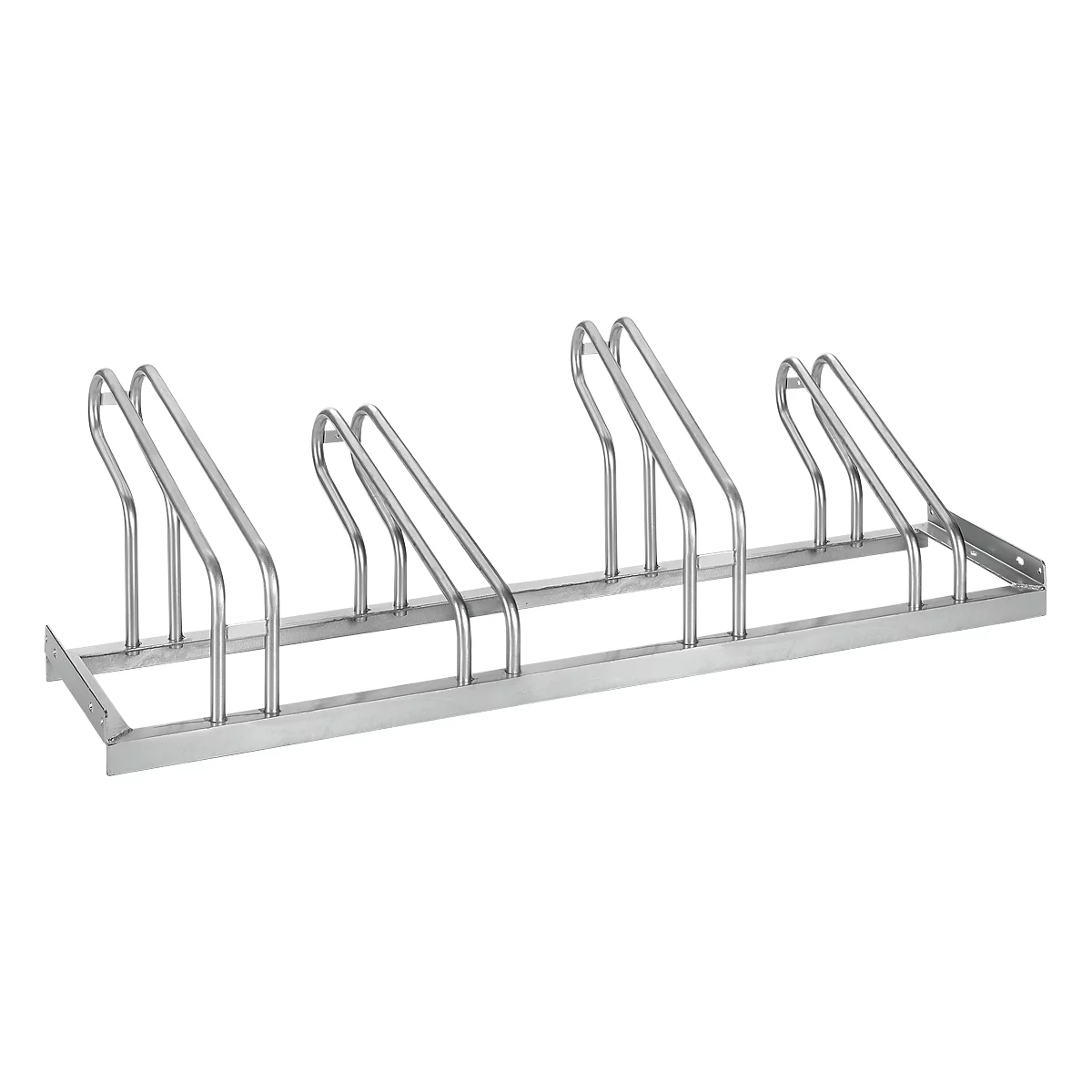 Fietsenrek, enkelzijdig, voor banden tot 55 mm breed, B 1400 x D 1850 x H 500 mm, thermisch verzinkt staal, 4 parkeerplaatsen, gemonteerd.