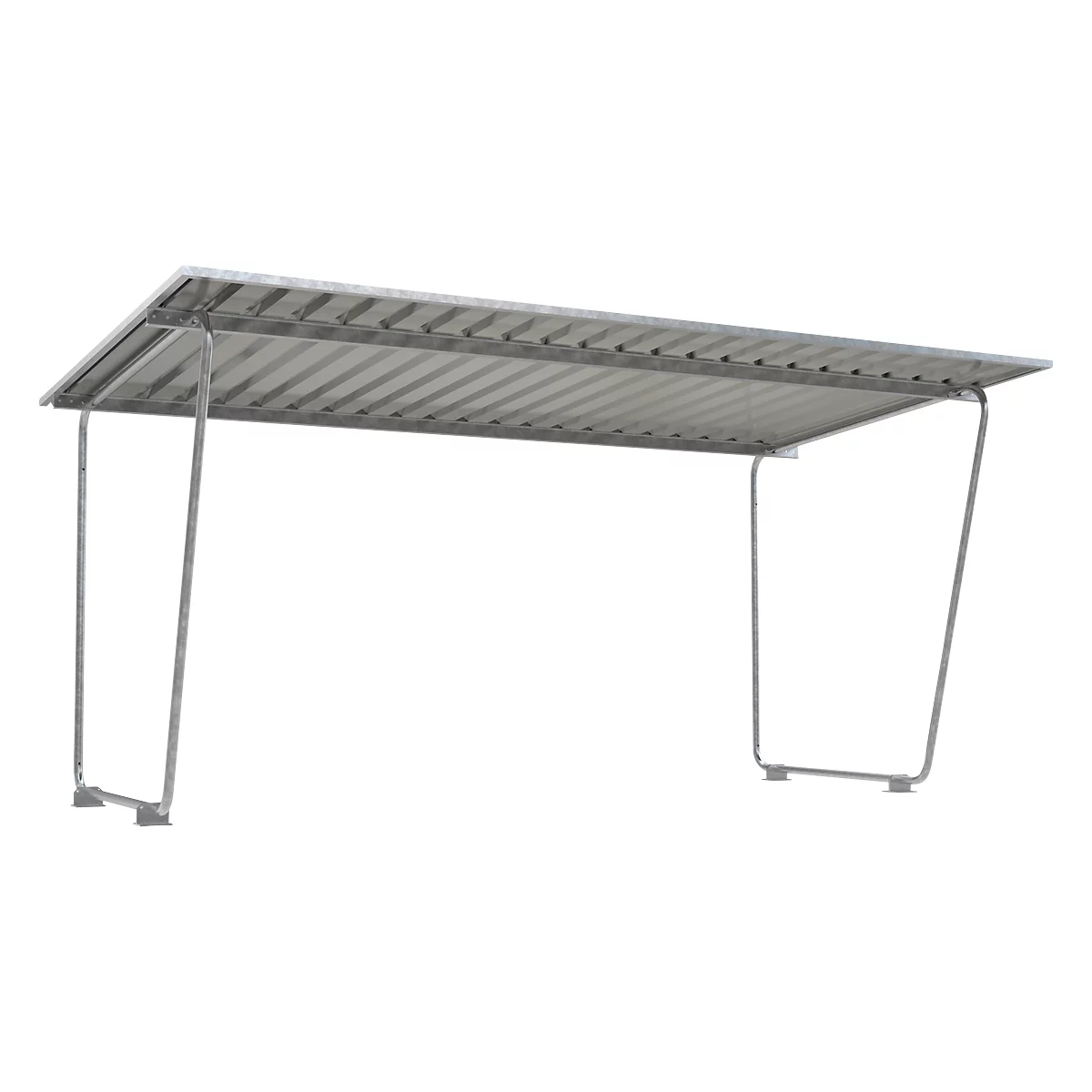 Overhead, grijze constructie, met gegolfd ijzeren dak en metalen steunen.