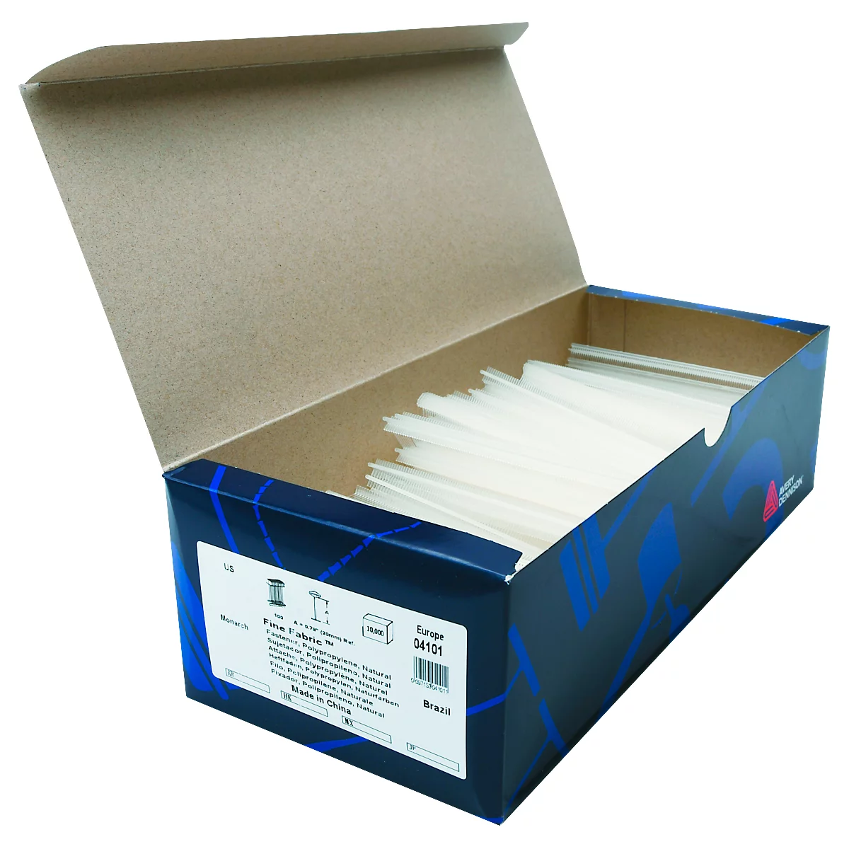 Une boîte en carton ouverte avec de nombreux bâtonnets en plastique transparents. La boîte a des éléments bleus et blancs.