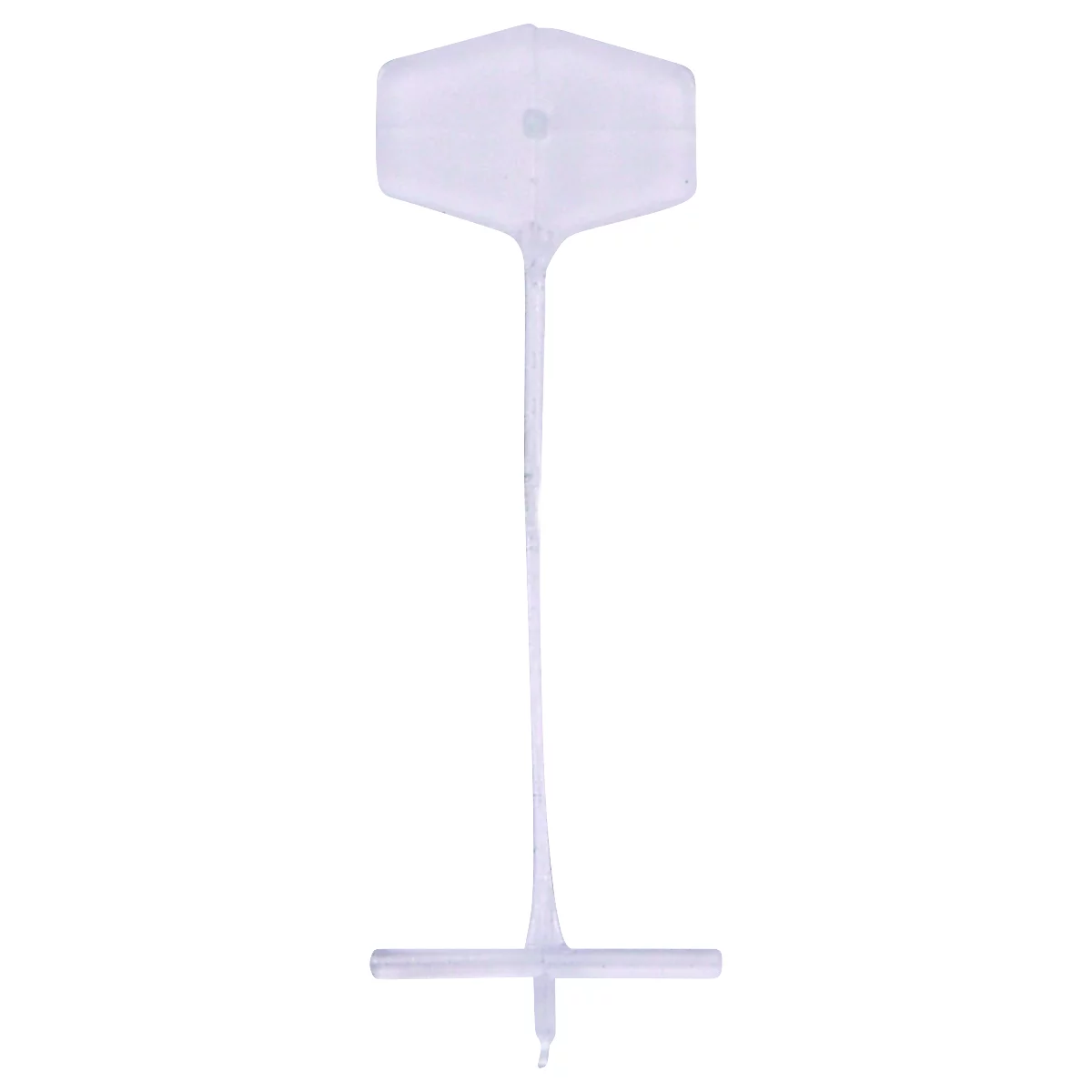 Une étiquette en plastique transparent avec une tête hexagonale et une tige, et un pied en forme de croix.