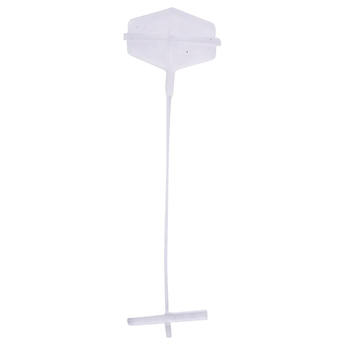 Étiquette en plastique blanc avec une tête carrée et une tige fine et allongée. Il y a une petite barre horizontale au bout.