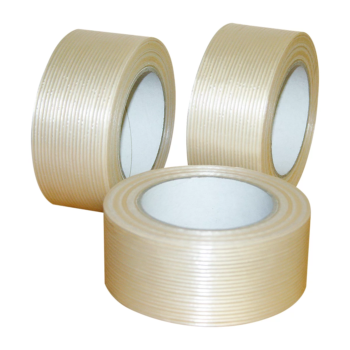Three rolls of transparent tape on a white background. The adhesive is ribbed.