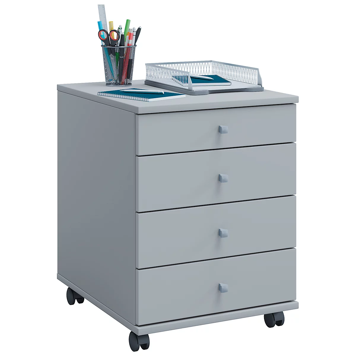 Gray rolling file cabinet with four drawers. Paper tray, pens, and notepad on top.