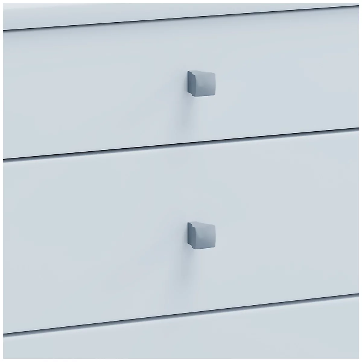 Close-up of two drawers with square, grey handles. The drawers are light blue.