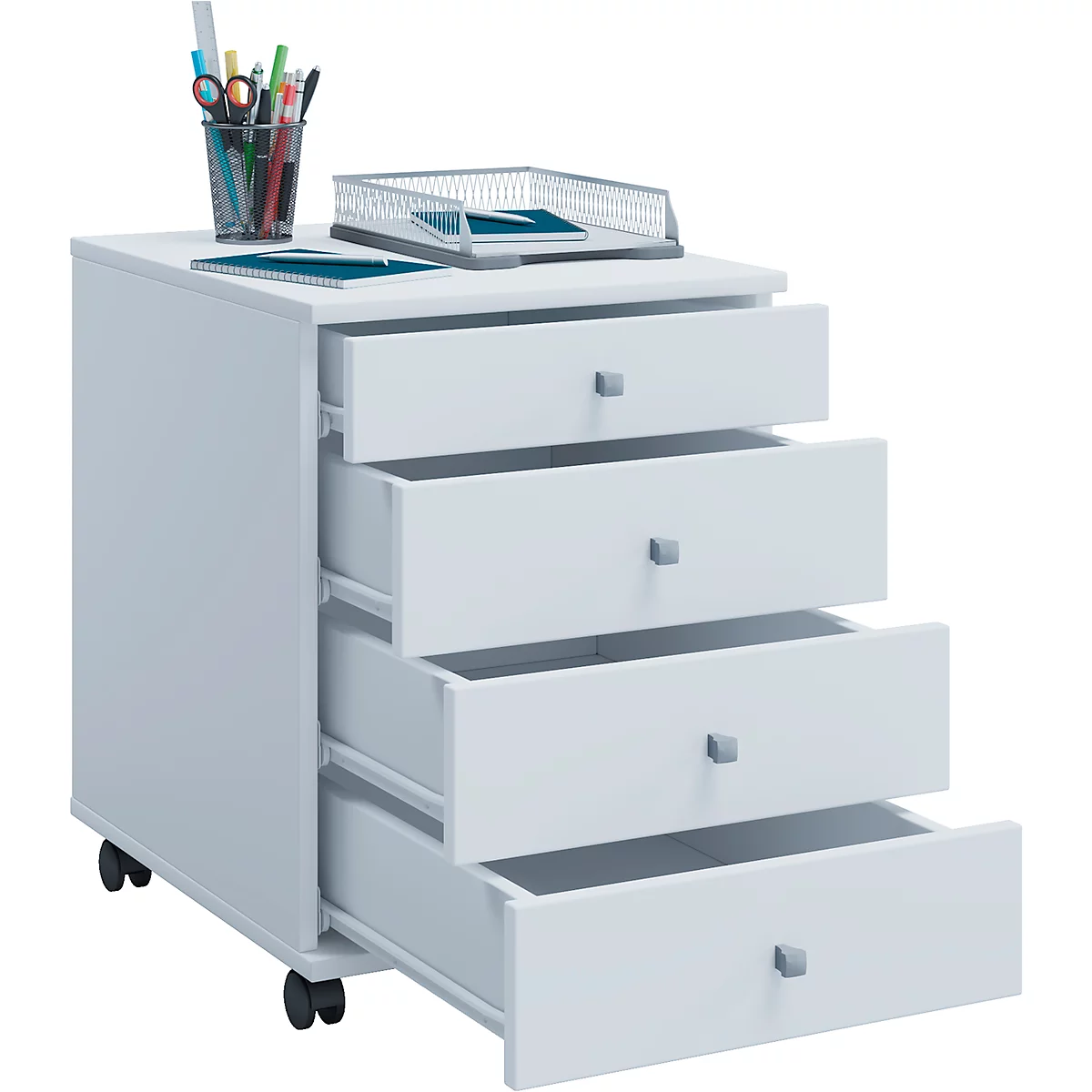 White rolling file cabinet with four drawers, partially open. Pens, scissors, and tray on top. Rollers at the base.