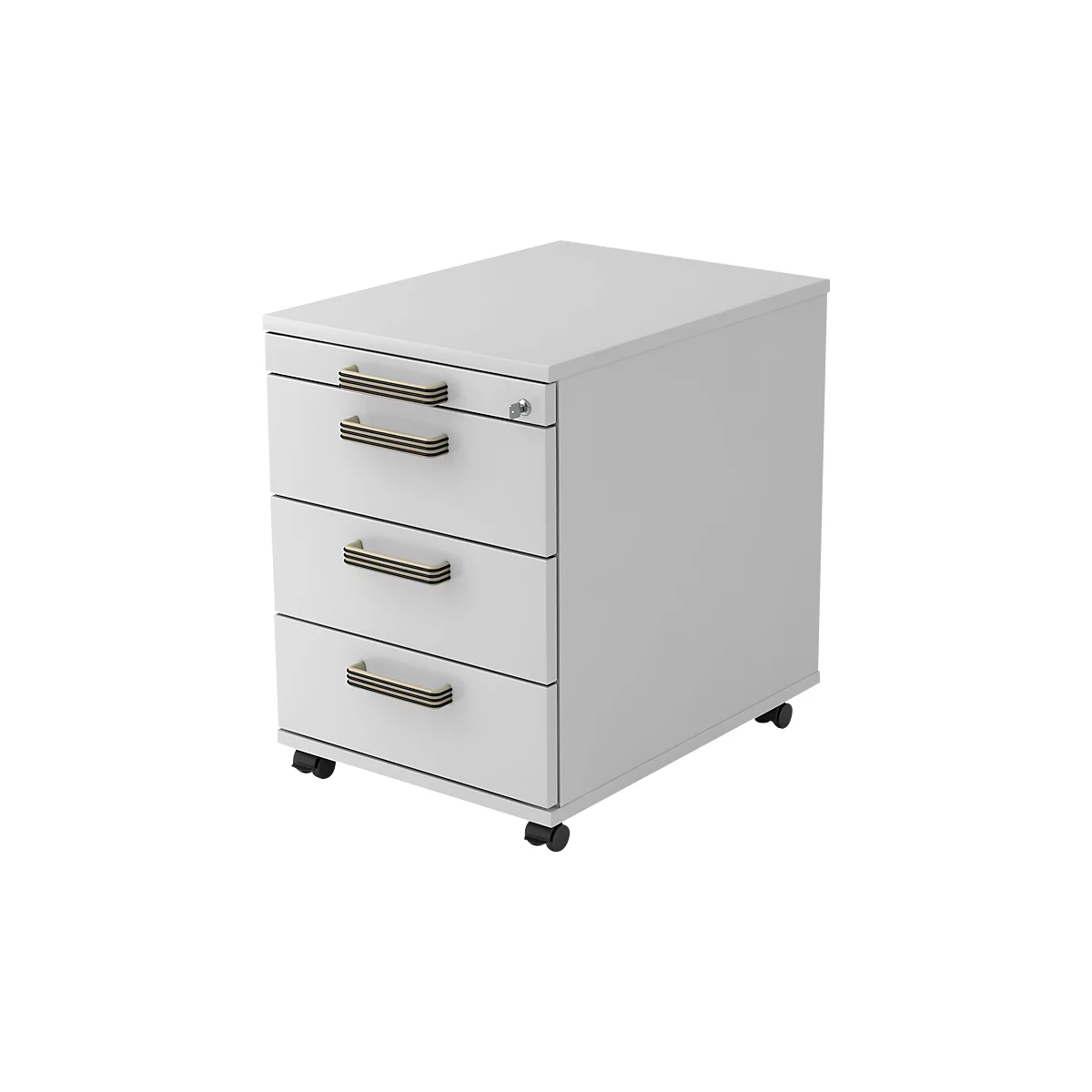 White pedestal with three drawers. The handles are light brown with dark stripes. The container stands on castors.
