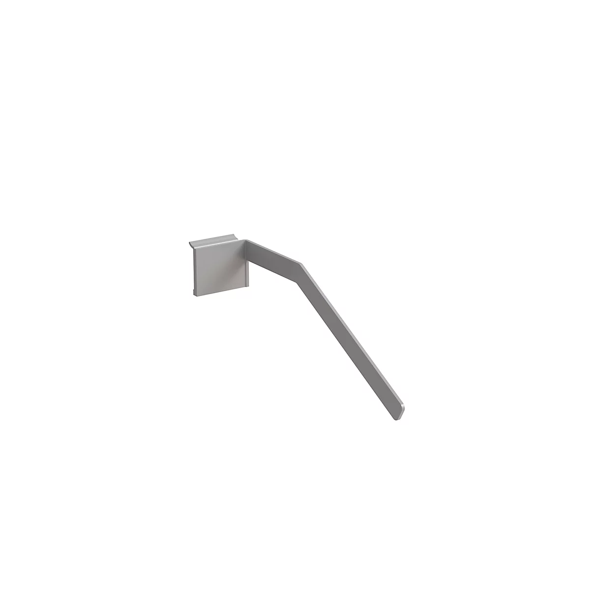 Gray, angled wall hook, against a white background. Rectangular holder, angled arm.