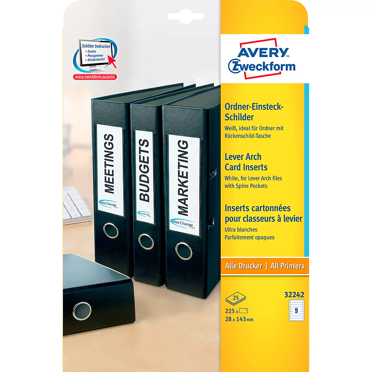 Three black file folders with white labels: Meetings, Budgets, Marketing. Next to it, a package of folder inserts.