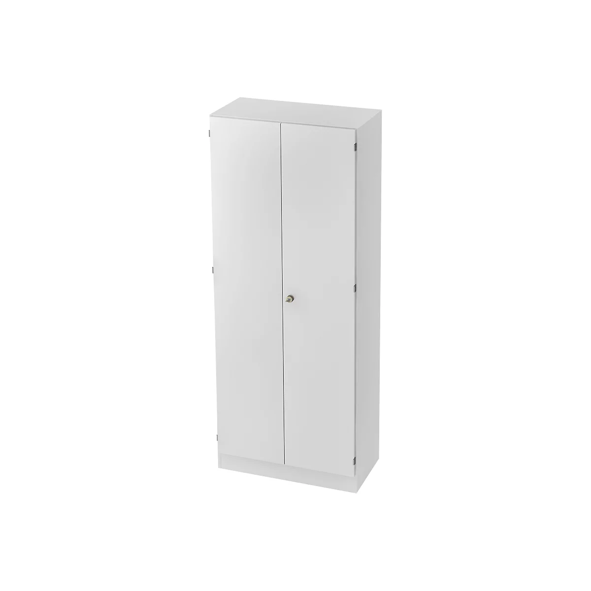 White cabinet with two doors, silver handle and hinges.
