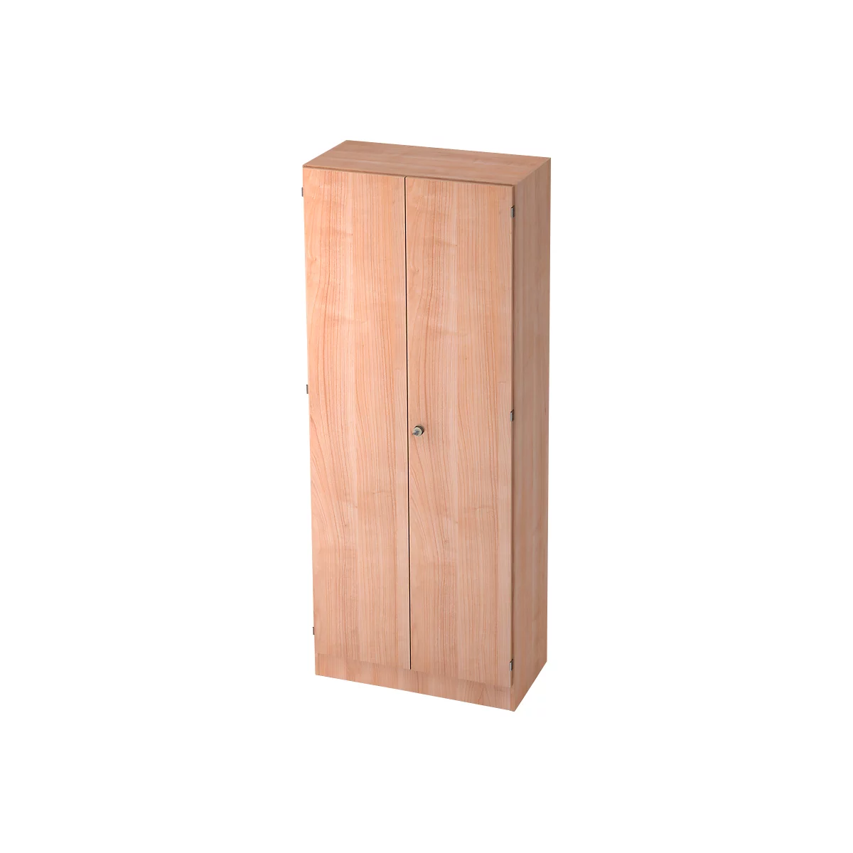 A tall wooden cabinet, with two doors and a small handle in the middle.