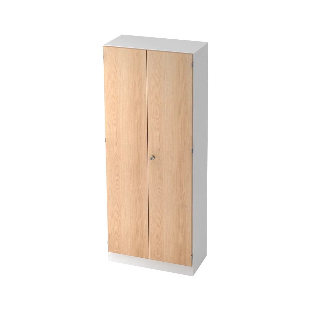 A wooden cabinet with two doors. The wood is light brown, the sides and top are white.