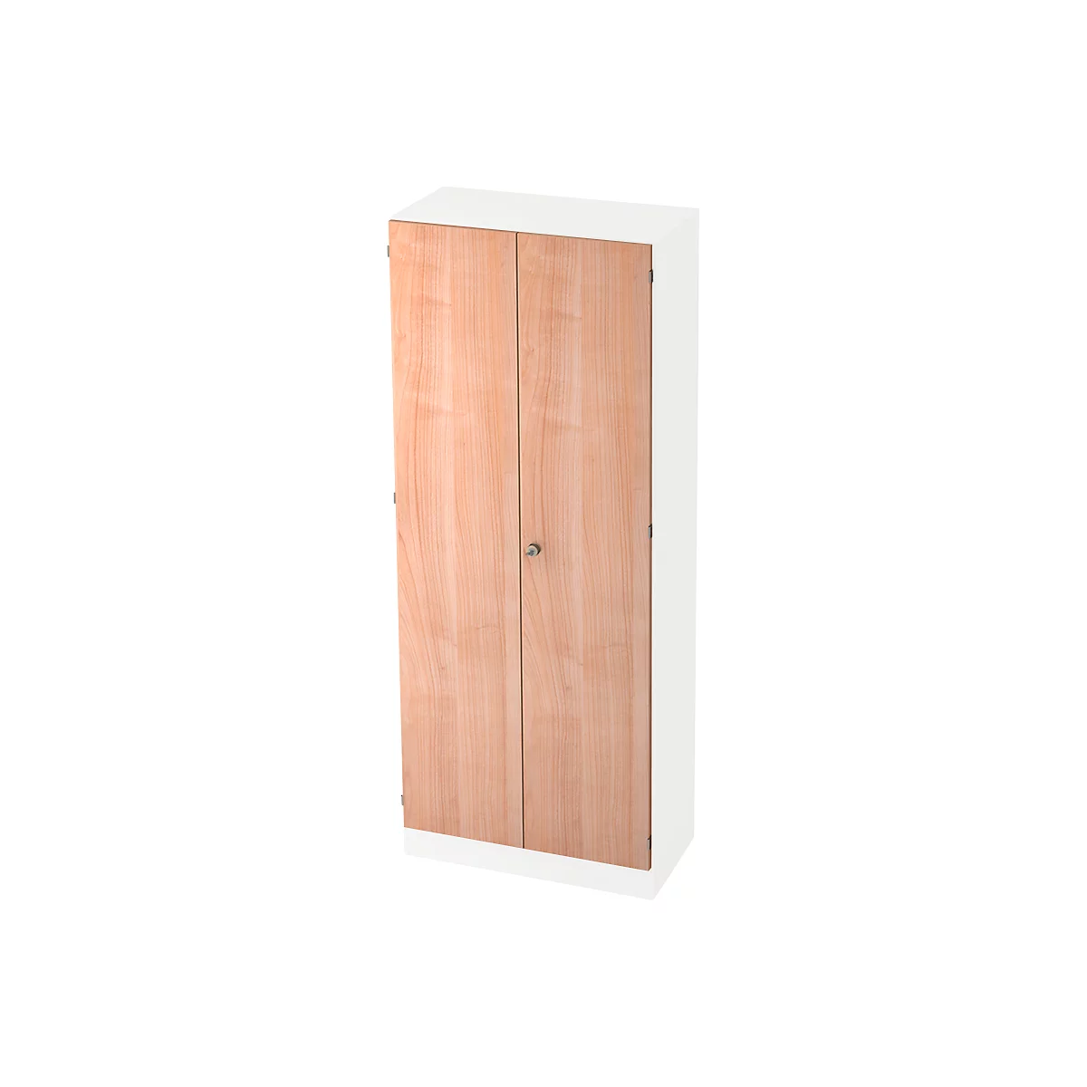 A cabinet with two doors made of light wood, framed by a white frame.