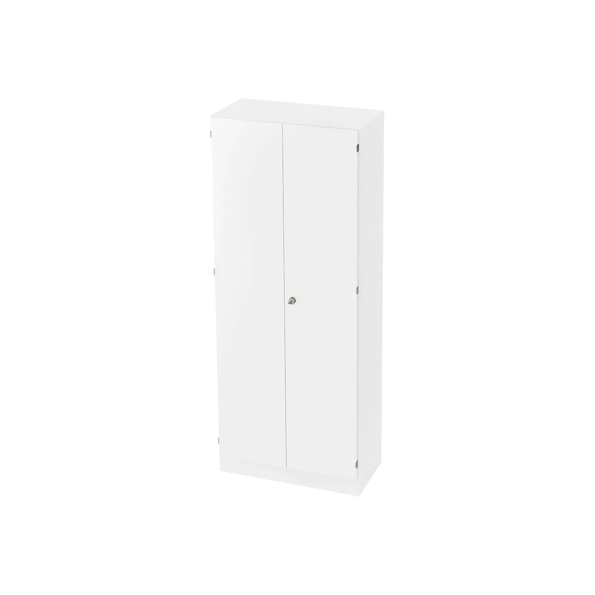 White cabinet with two doors and handle. Neutral background.