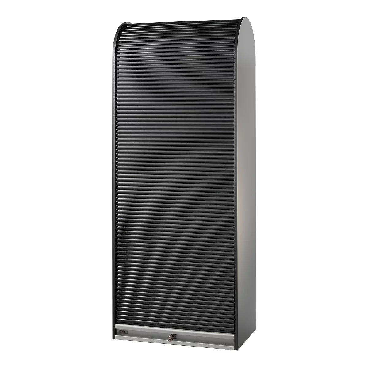 Black cabinet with roller shutter, details of the slats and the metal surround.