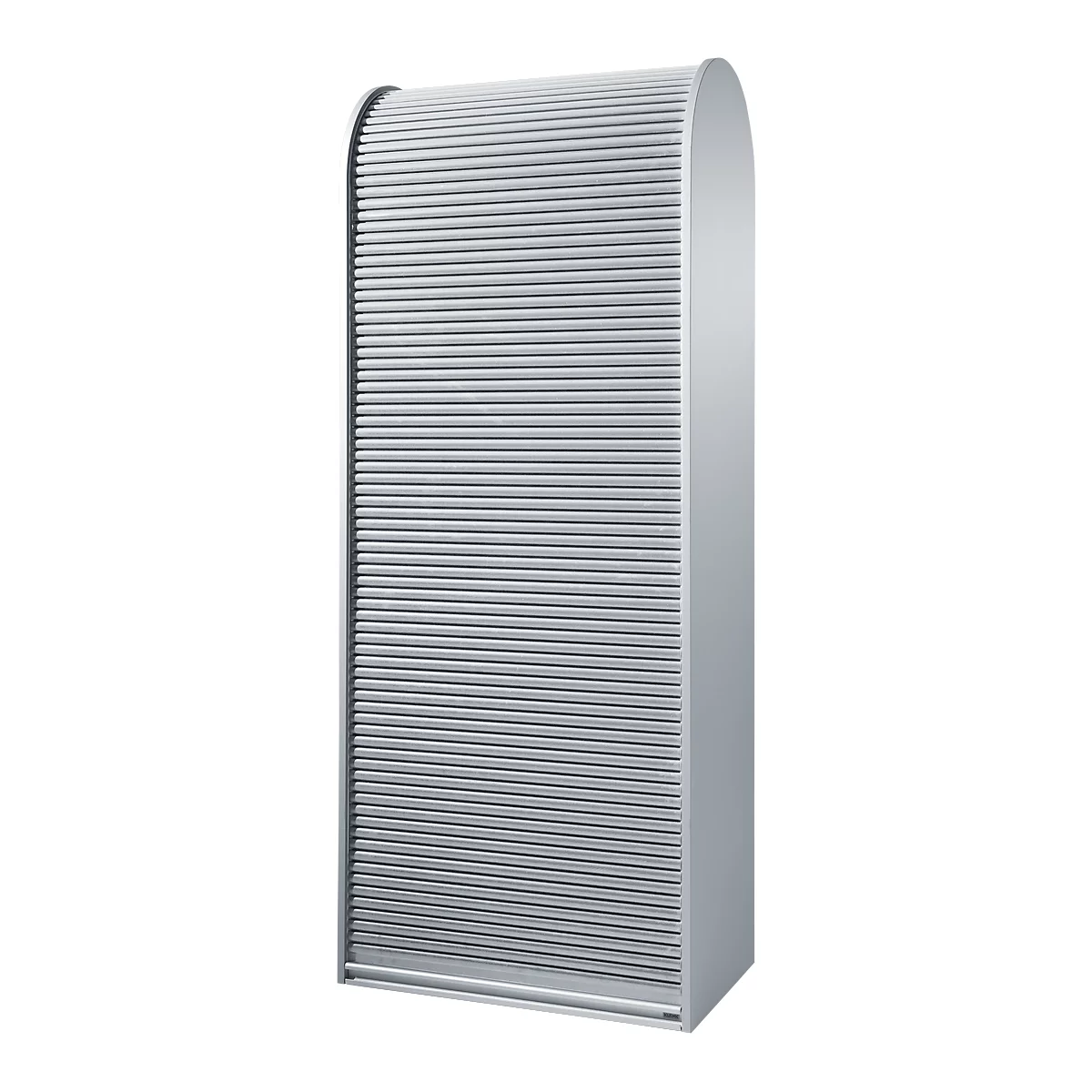 A silver roller shutter cabinet, the slats slightly curved.