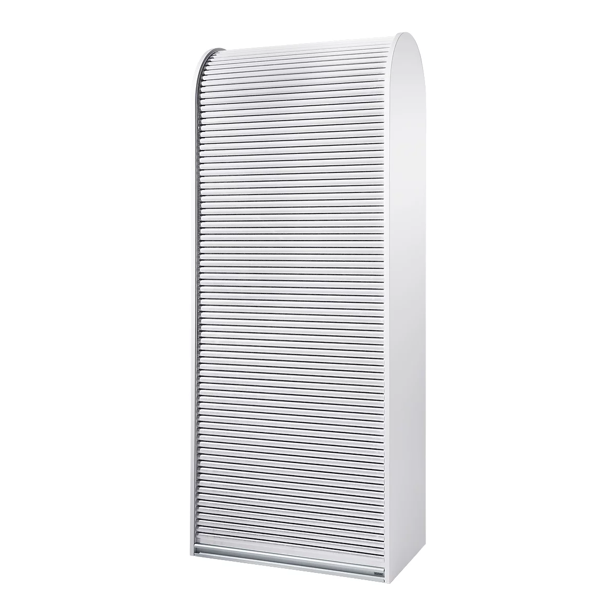 White cabinet with roller shutter front.