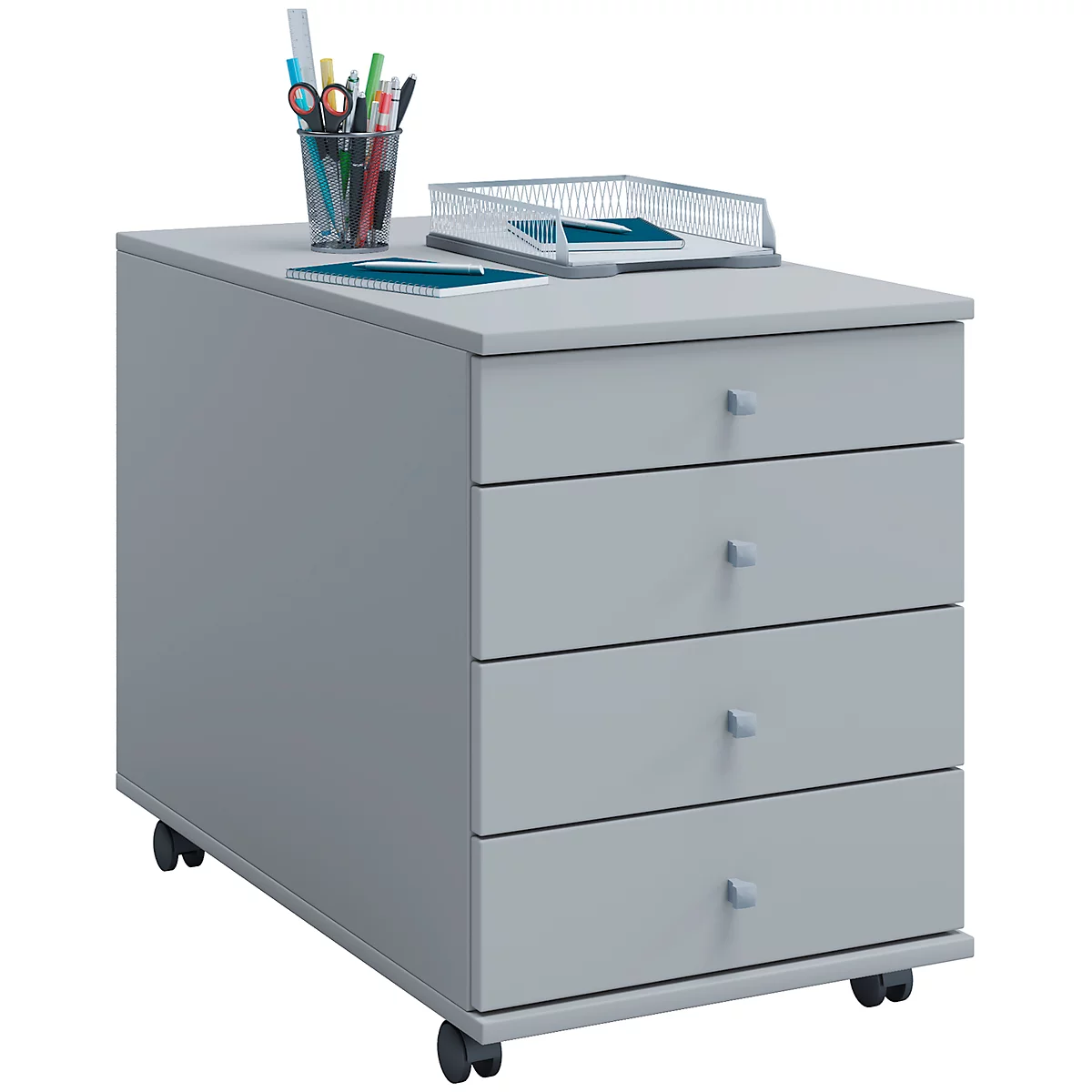 Gray rolling file cabinet with four drawers, pen holder, tray, notepad. On casters.