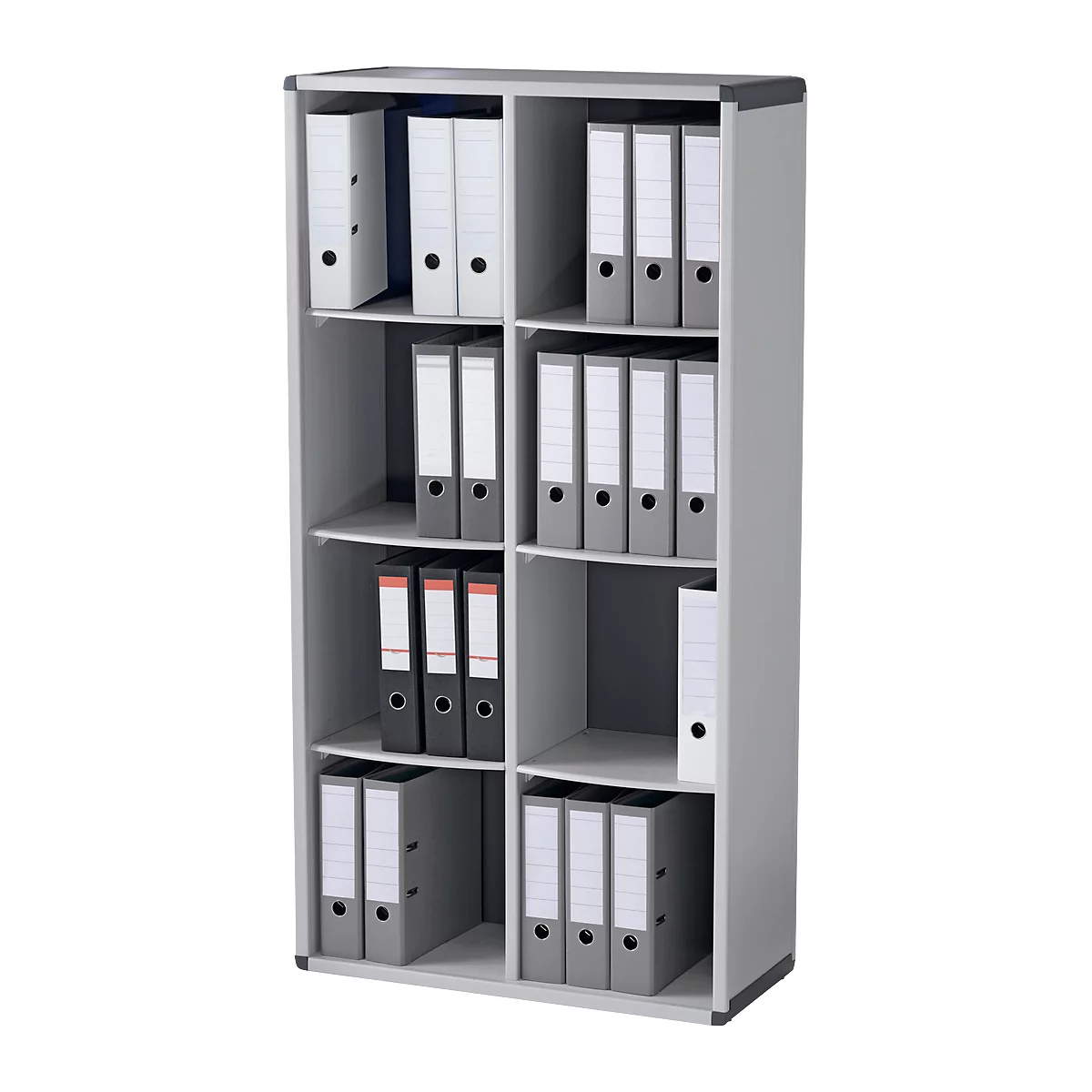 Gray file cabinet with folders. Folders with white labels.