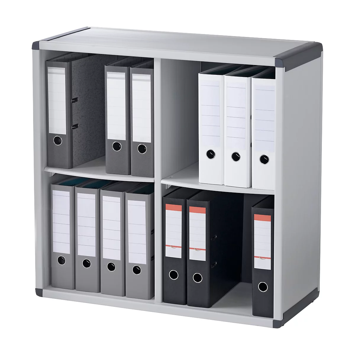 A gray file cabinet, filled with gray and white binders, stands against a white background.
