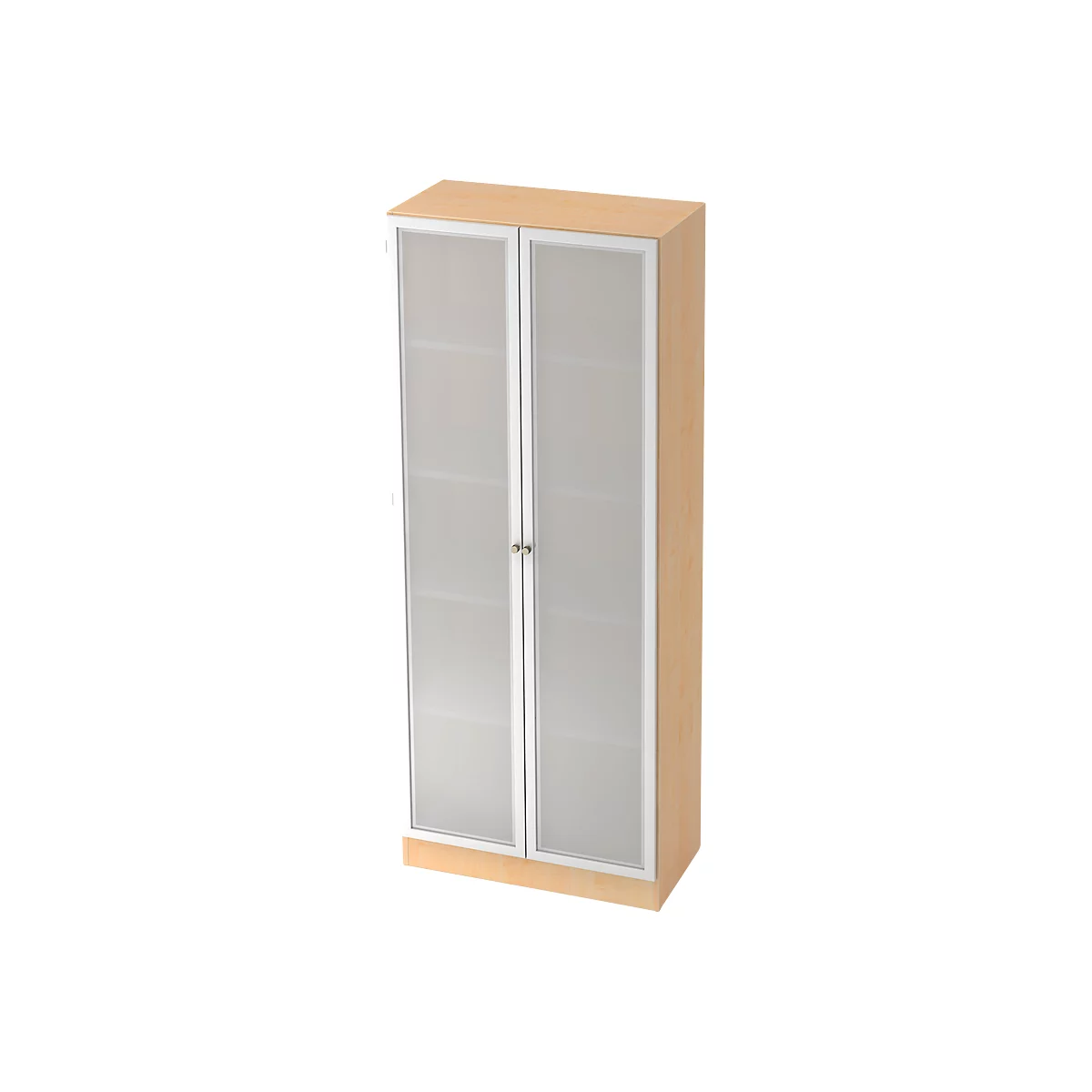 Light brown cabinet with two doors and frosted glass panes. A metallic handle in the middle.