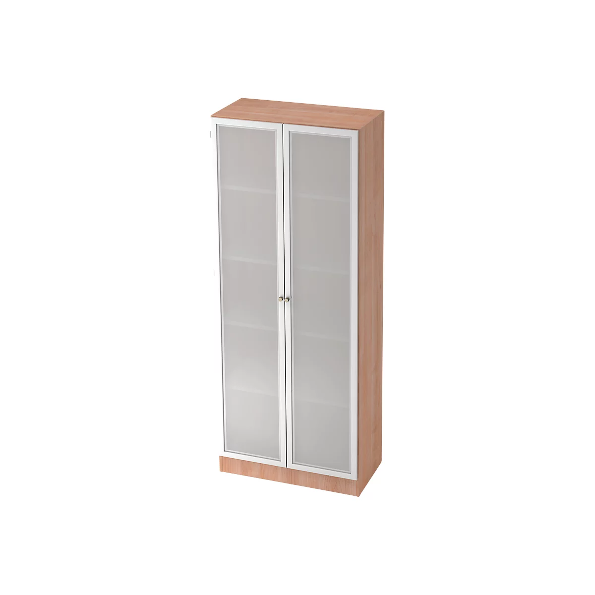 A tall wooden cabinet with two doors that have glass windows. A simple handle in the middle.