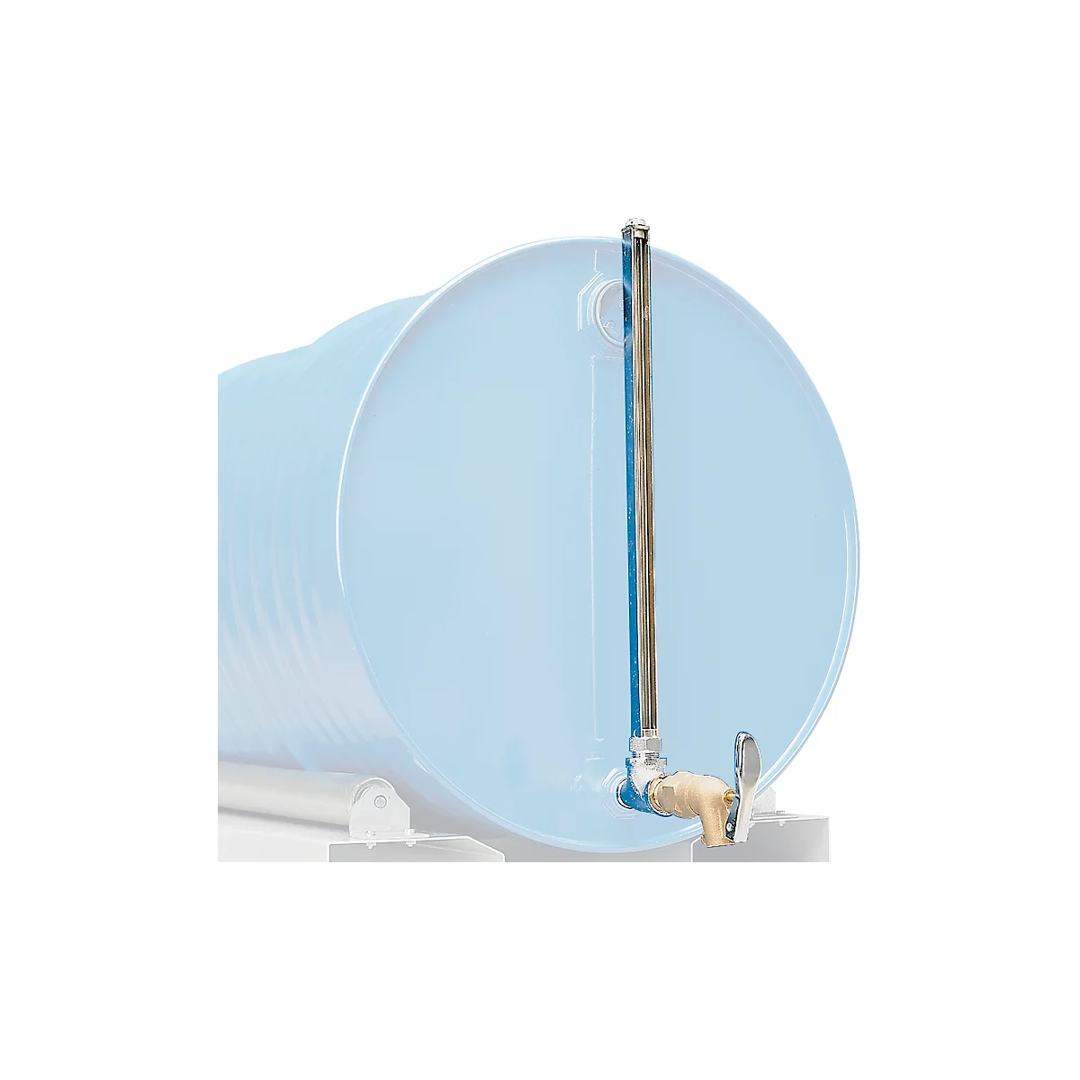 Blue barrel with level indicator and faucet. The indicator shows the level.