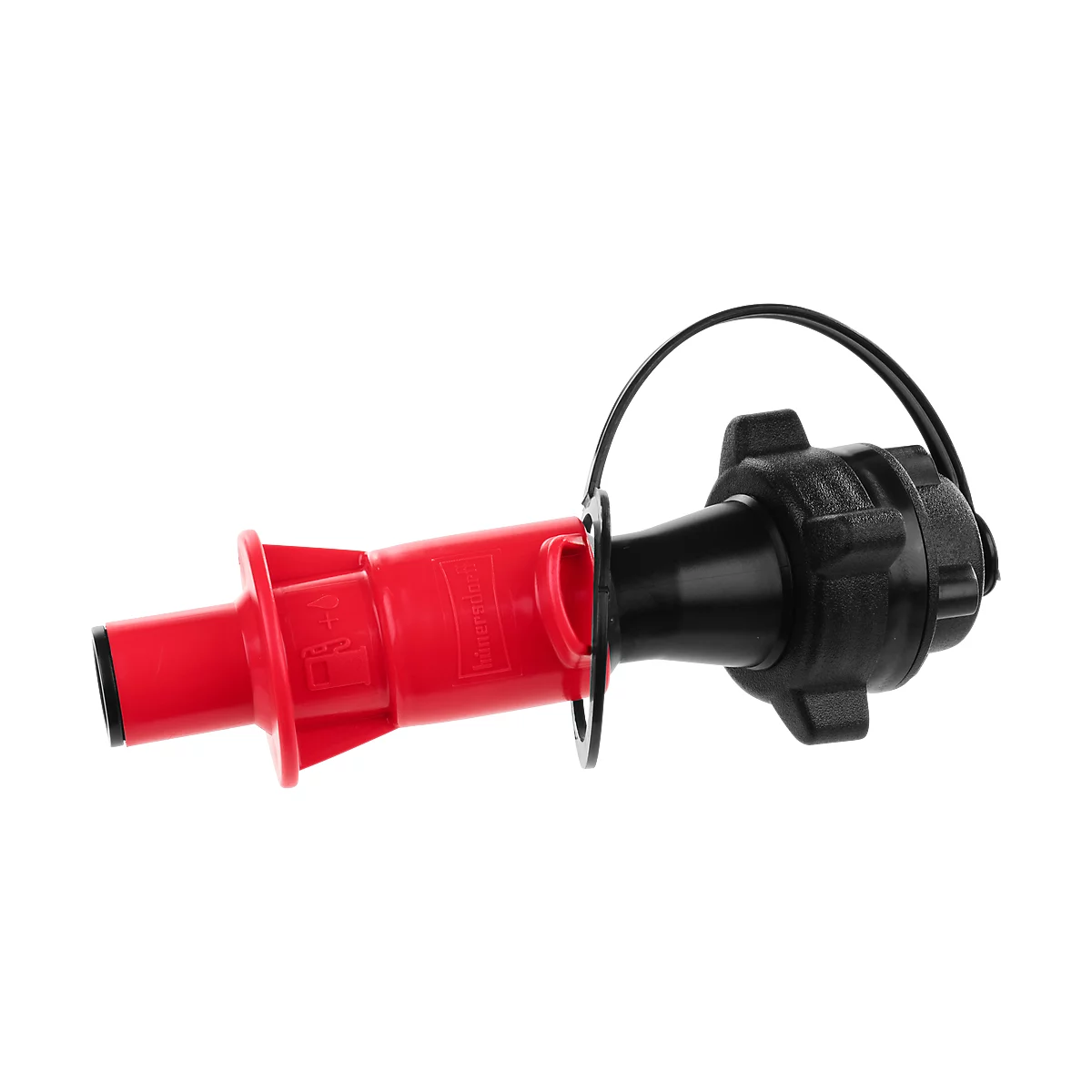 Red canister spout with black lid and handle. On the right a black closure, connected to the red part by a black ring.