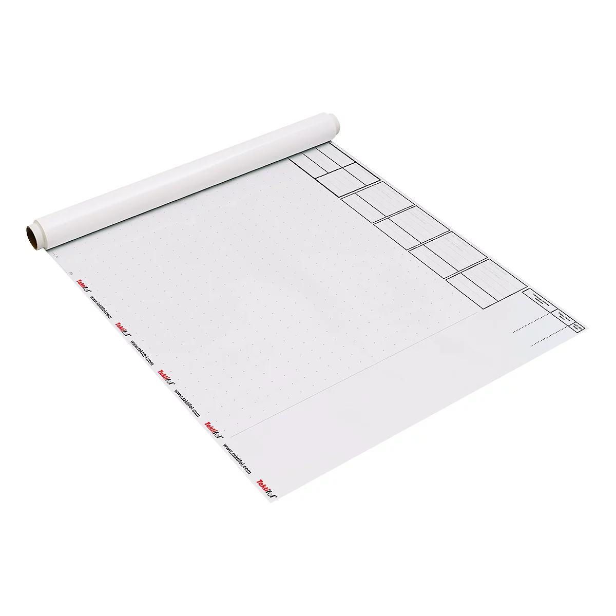 Film blanc enroulé avec lignes quadrillées et boîtes grises, logo du fabricant.