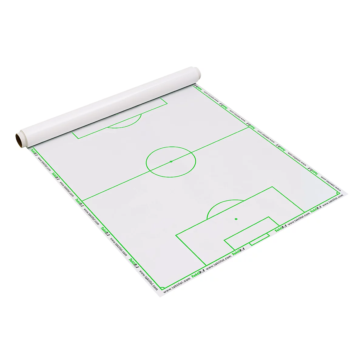 Tableau de tactique de football, déroulé, avec des lignes vertes et une partie enroulée.