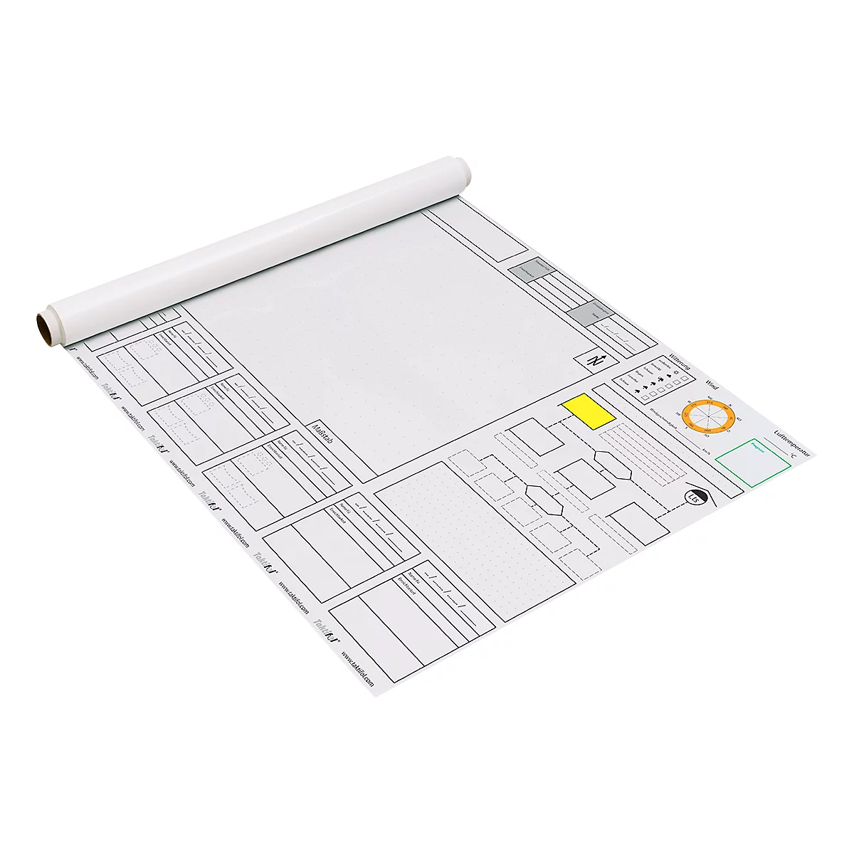 Papier blanc enroulé avec des schémas, des lignes et des rectangles en gris et jaune. Une section de papier enroulée en haut.