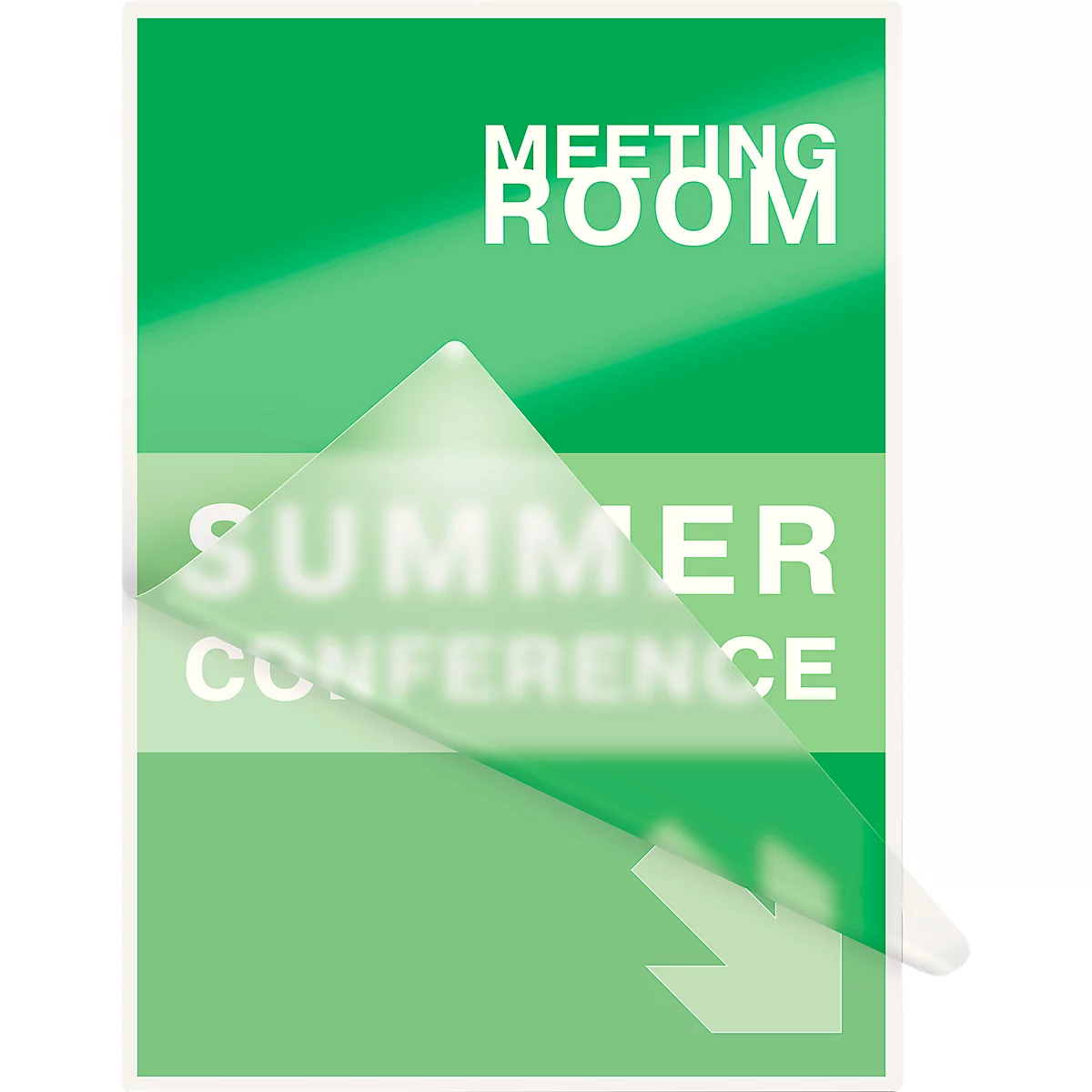 Panneau vert avec "Meeting Room" et "Summer Conference" et une flèche blanche pointant en bas à droite.