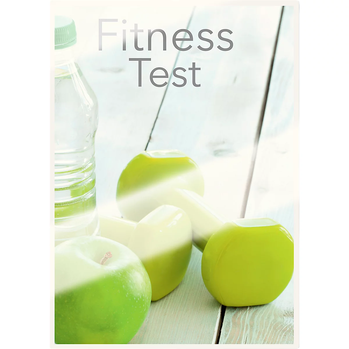 Nature morte avec des pommes vertes, une bouteille d'eau et les mots 'Fitness Test'.