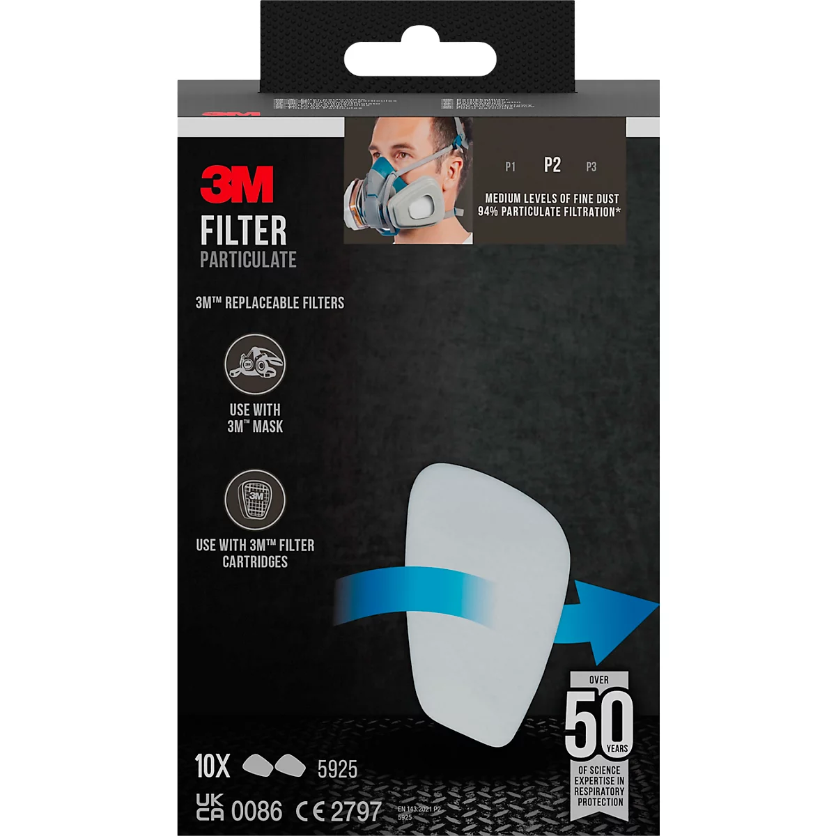 Emballage avec filtres à particules 3M, montrant le filtre et une illustration d'un masque respiratoire.