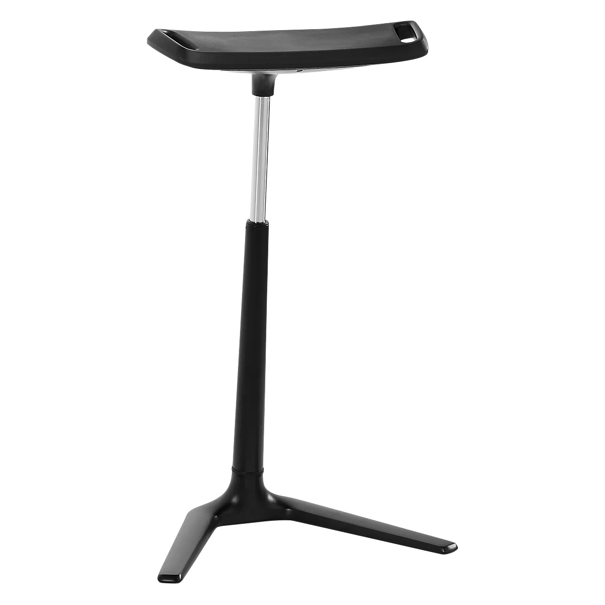 Black standing stool with a three-legged base and adjustable column.