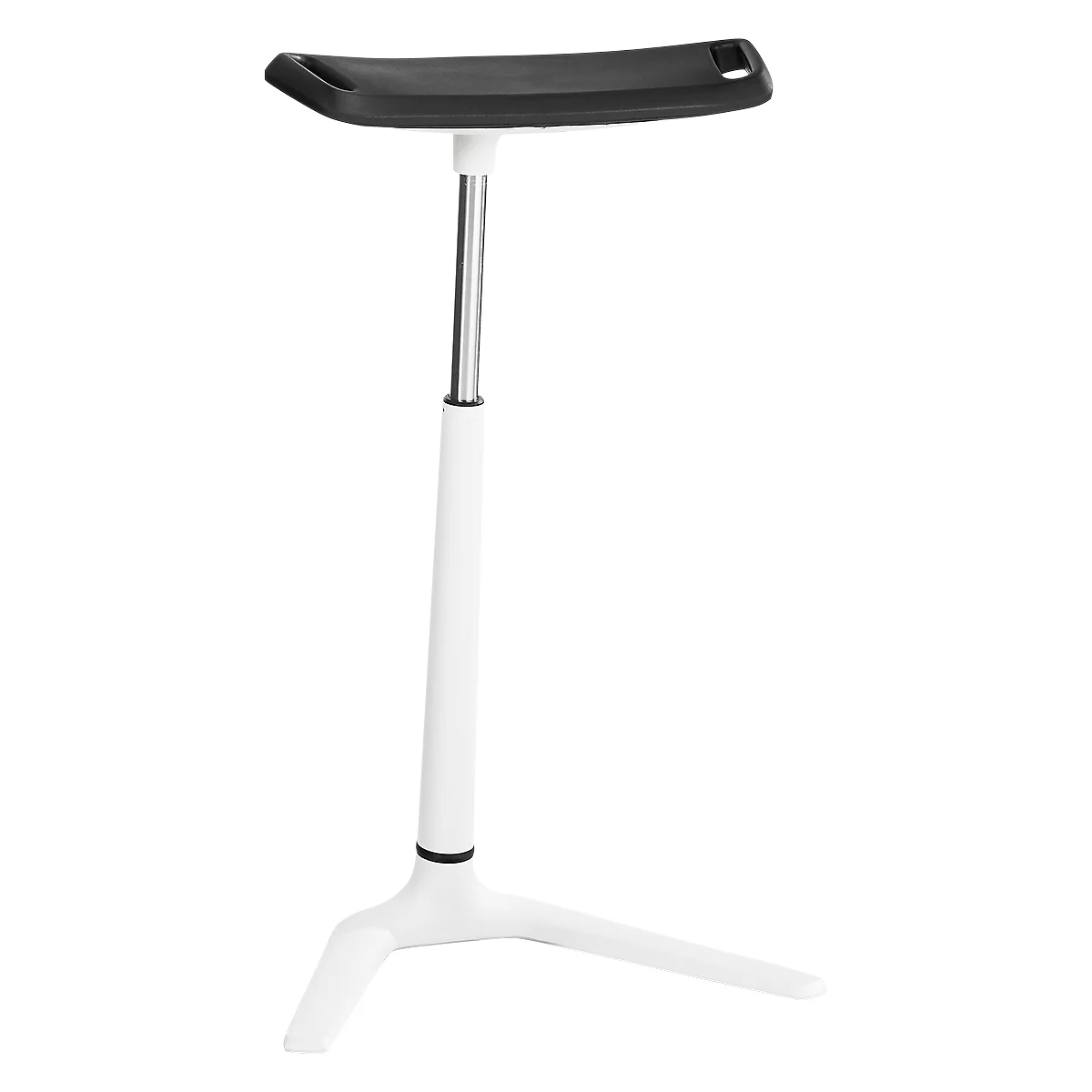 A white standing stool with a black seat and three legs.