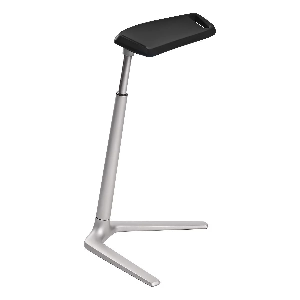 A silver standing desk with a black tray. The desk is height-adjustable and has a three-legged base.