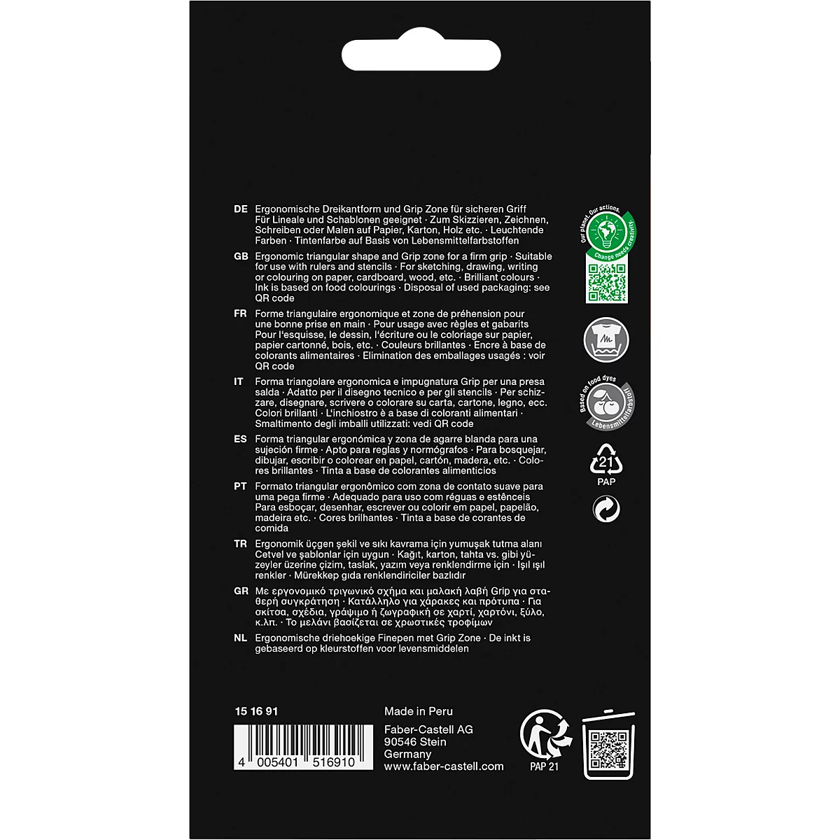 Fineliner FABER-CASTELL Grip, largeur de trait 0,4 mm, zone de préhension ergonomique, pour droitiers &amp; gauchers, effaçable, couleurs Office, 10 pièces dans un étui en carton