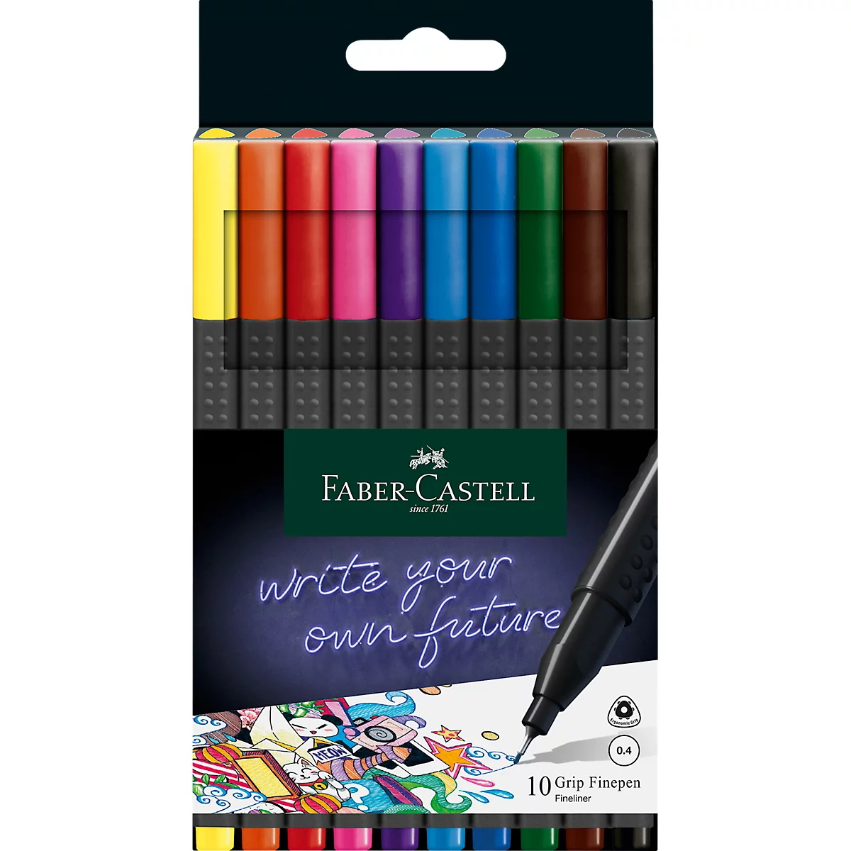 Fineliner FABER-CASTELL Grip, lijndikte 0,4 mm, ergonomische gripzone, voor rechts- &amp; linkshandigen, afwasbaar, geassorteerde kleuren, 10 stuks in kartonnen doos