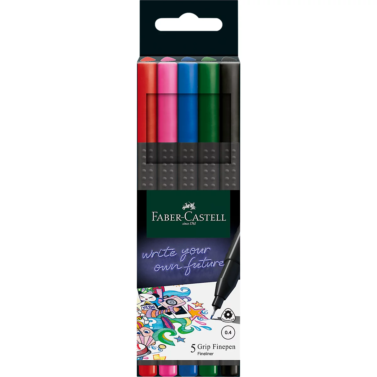 Fineliner FABER-CASTELL Grip, lijndikte 0,4 mm, ergonomische gripzone, voor rechts- &amp; linkshandigen, afwasbaar, geassorteerde kleuren, 5 stuks in kartonnen doos